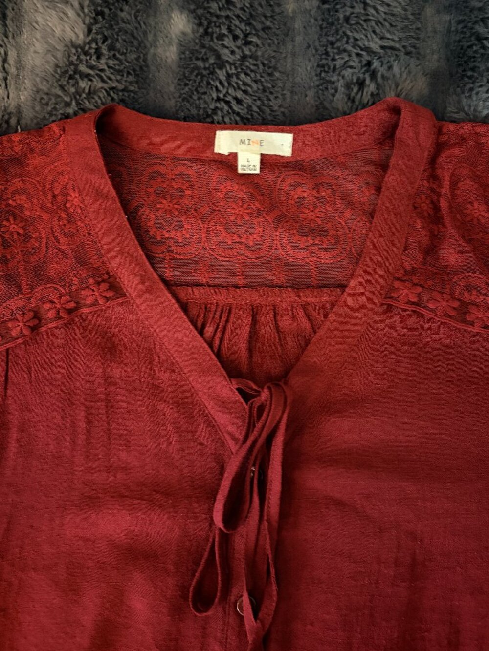 MINE Burgundy Wine Red Lace Yoke Blouse L Cottagecore Romantic Boho Festival - Picture 13 of 15